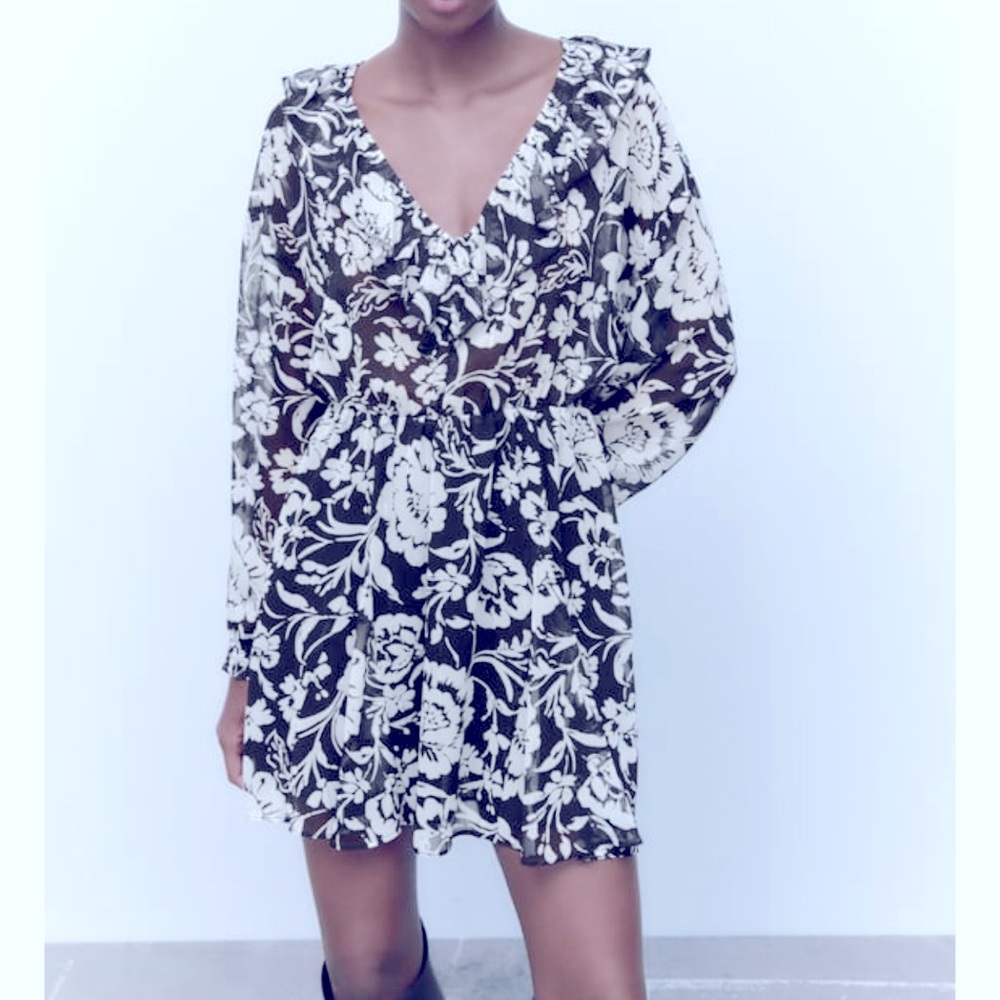 Zara, Floral print, ruffle dress | Size S| Black and White
